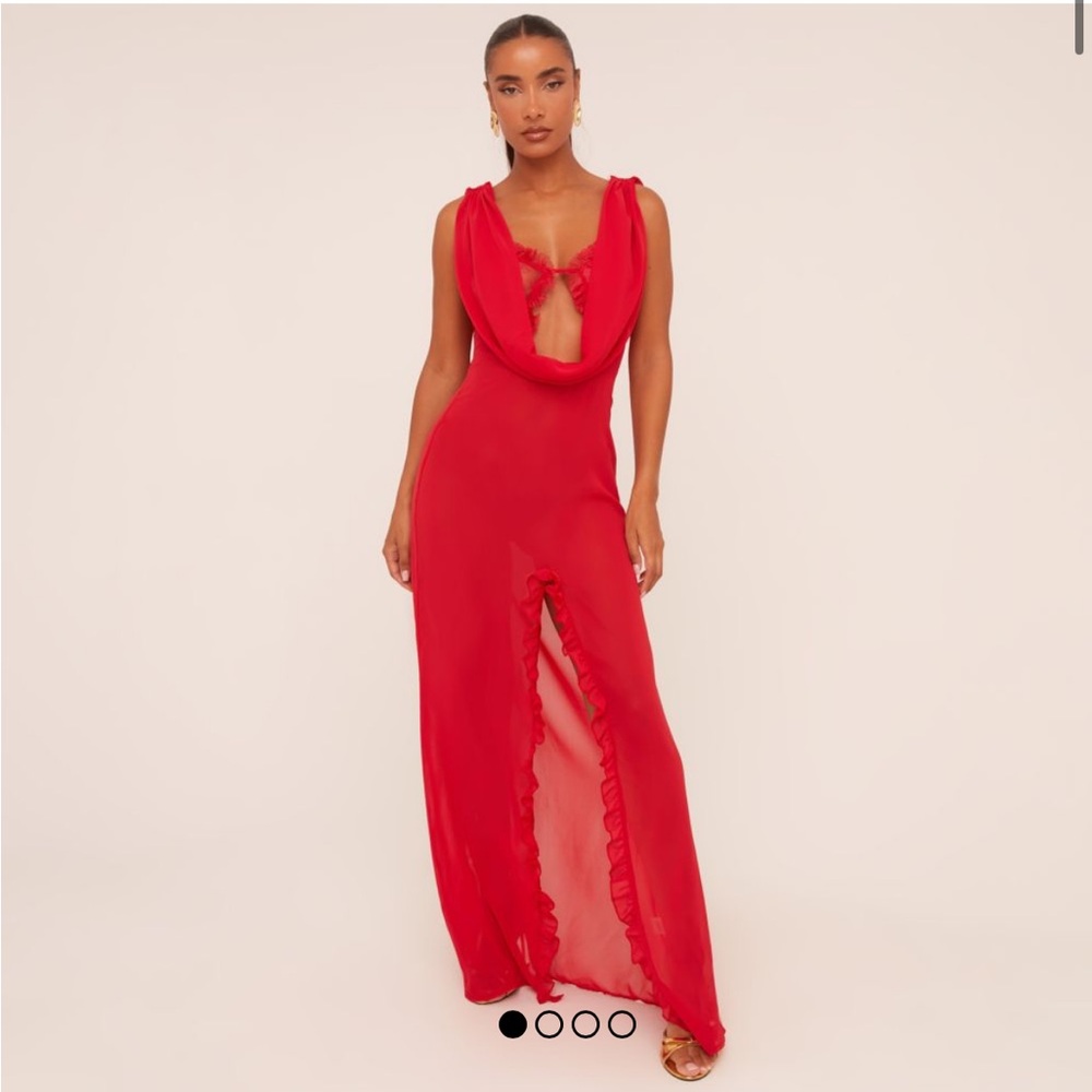 COWL NECK LACE BUST DETAIL SPLIT MAXI DRESS IN RED SOFT WOVEN- Size 2-Brand New